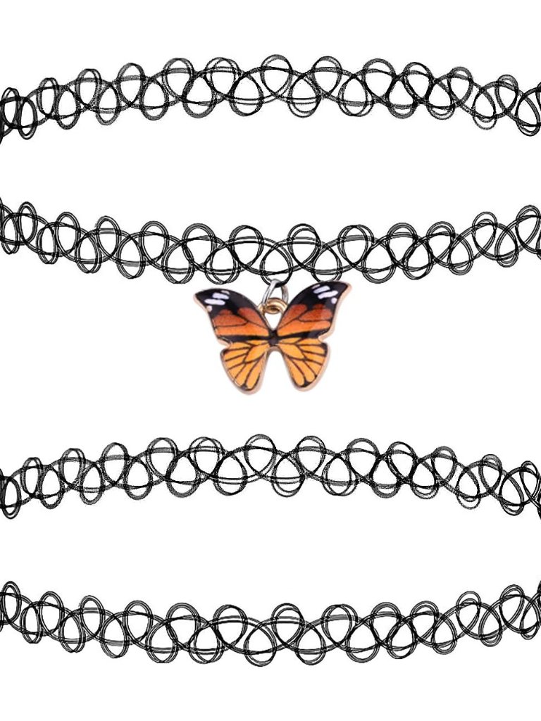 Two tattoo chokers, one plain black lattice and one with an orange and black butterfly charm at the centre